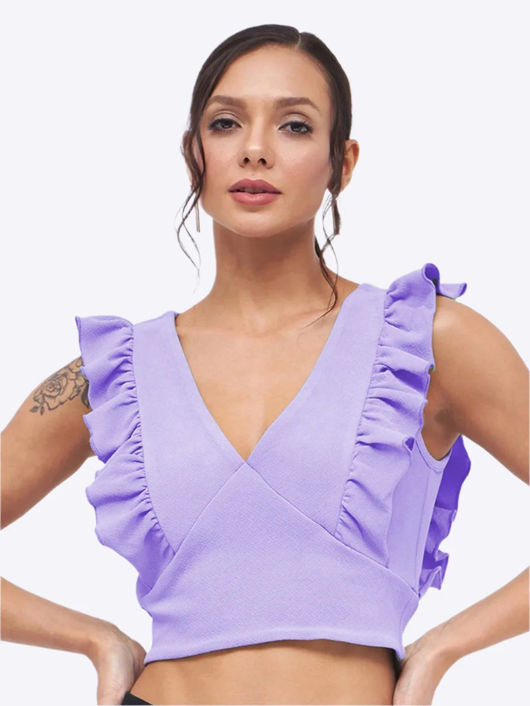 Frill Neck Ruched Ribbed Top