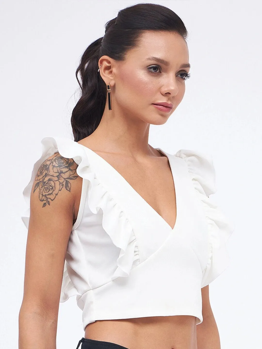 Frill Neck Ruched Ribbed Top