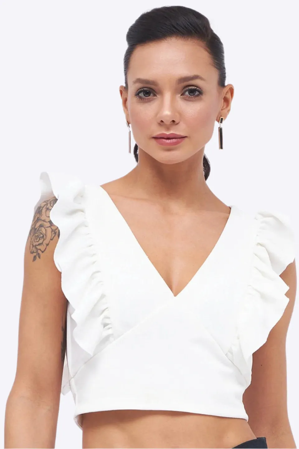 Frill Neck Ruched Ribbed Top