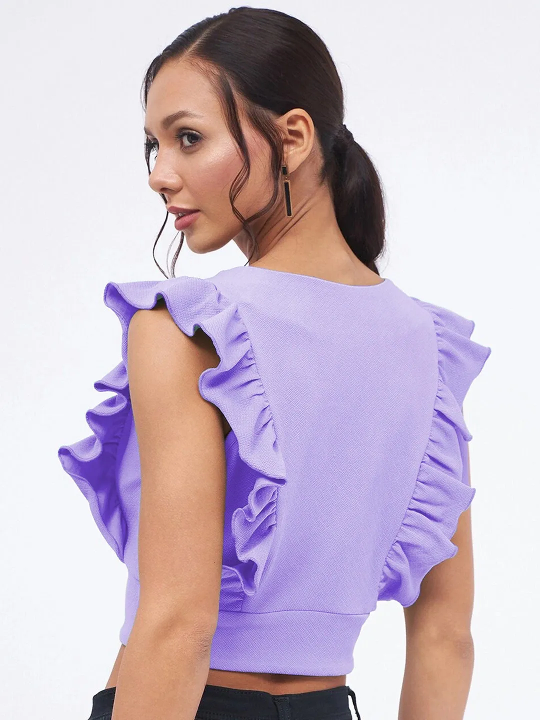 Frill Neck Ruched Ribbed Top