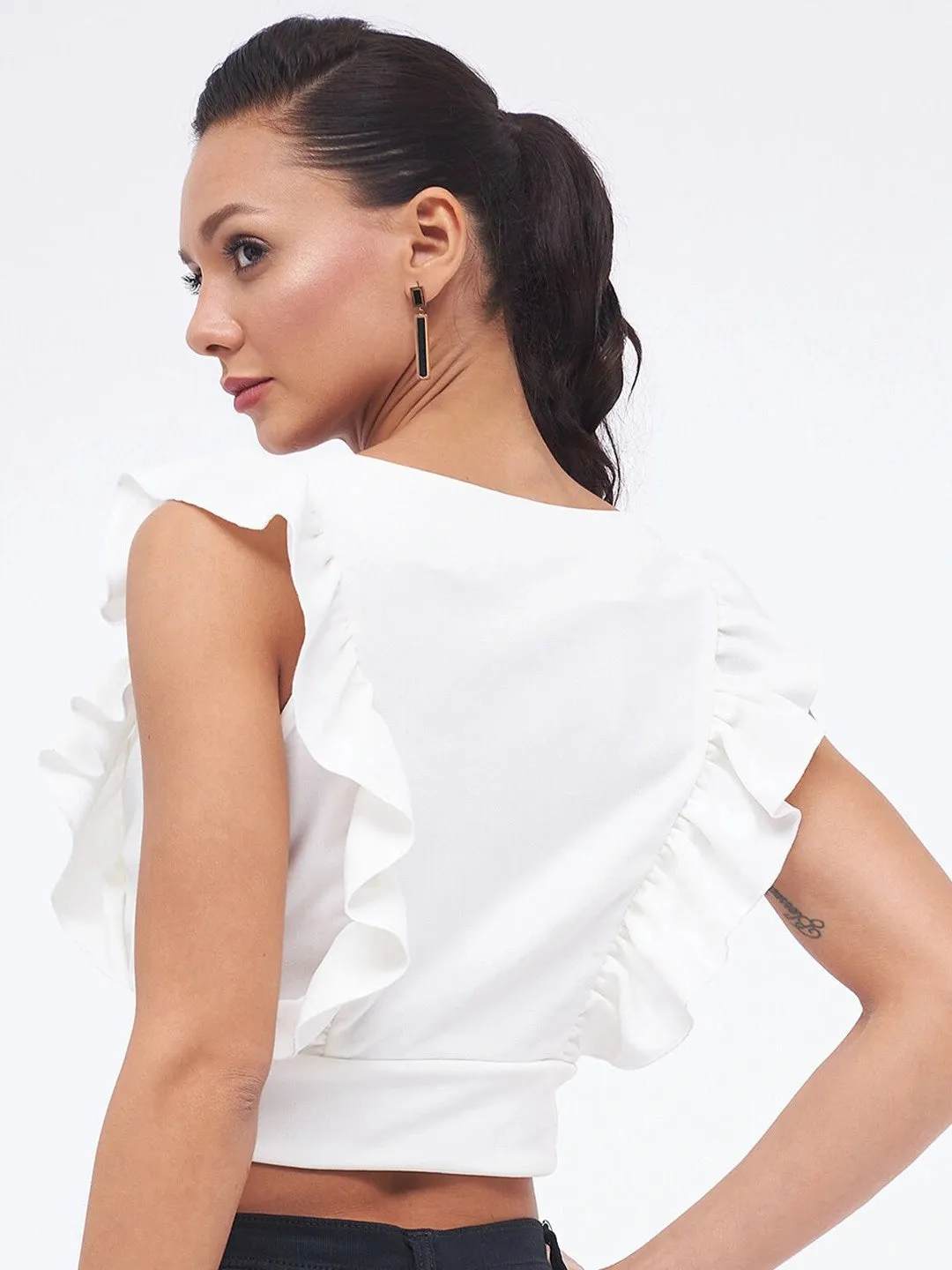Frill Neck Ruched Ribbed Top