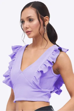 Frill Neck Ruched Ribbed Top