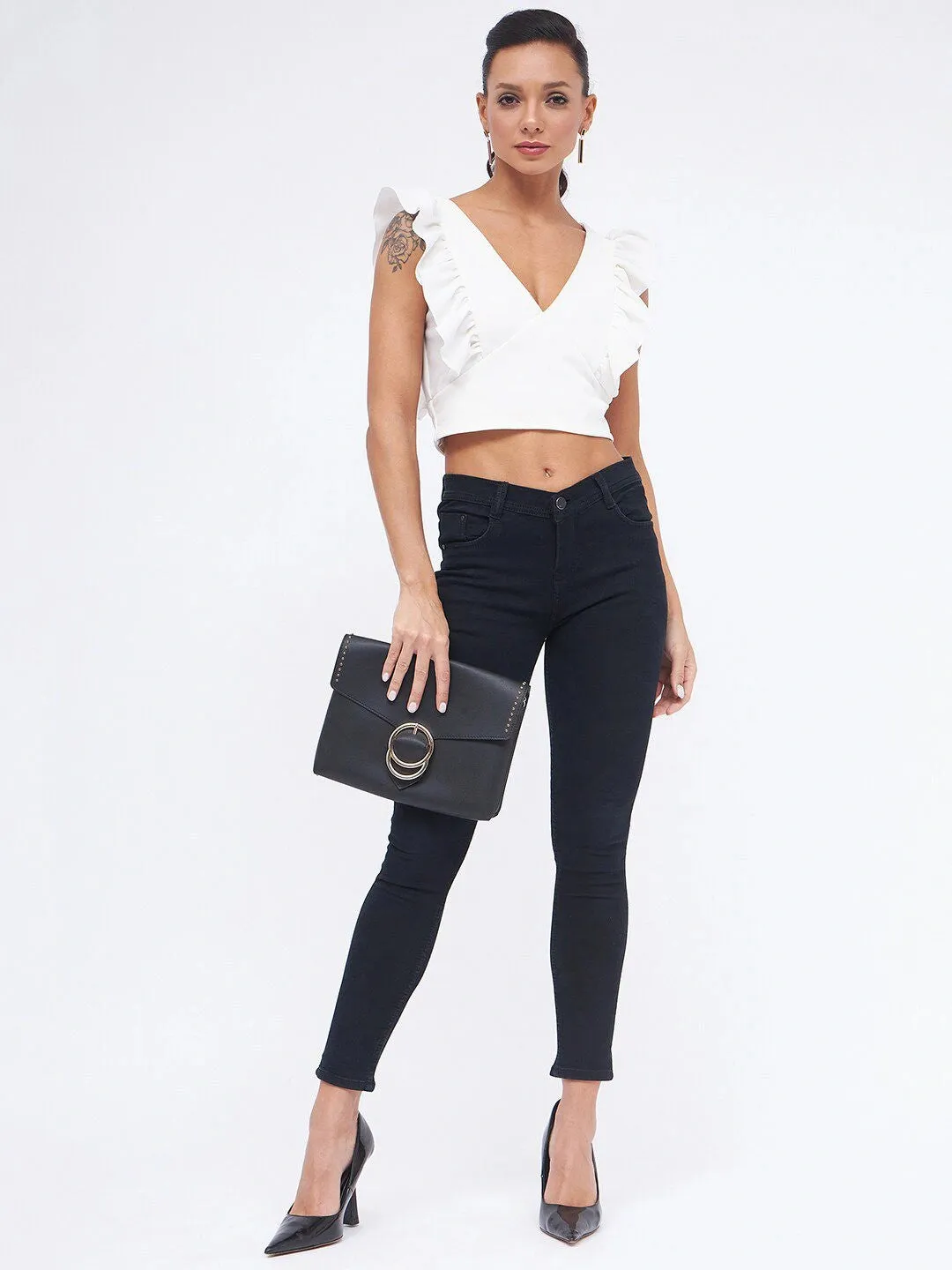 Frill Neck Ruched Ribbed Top