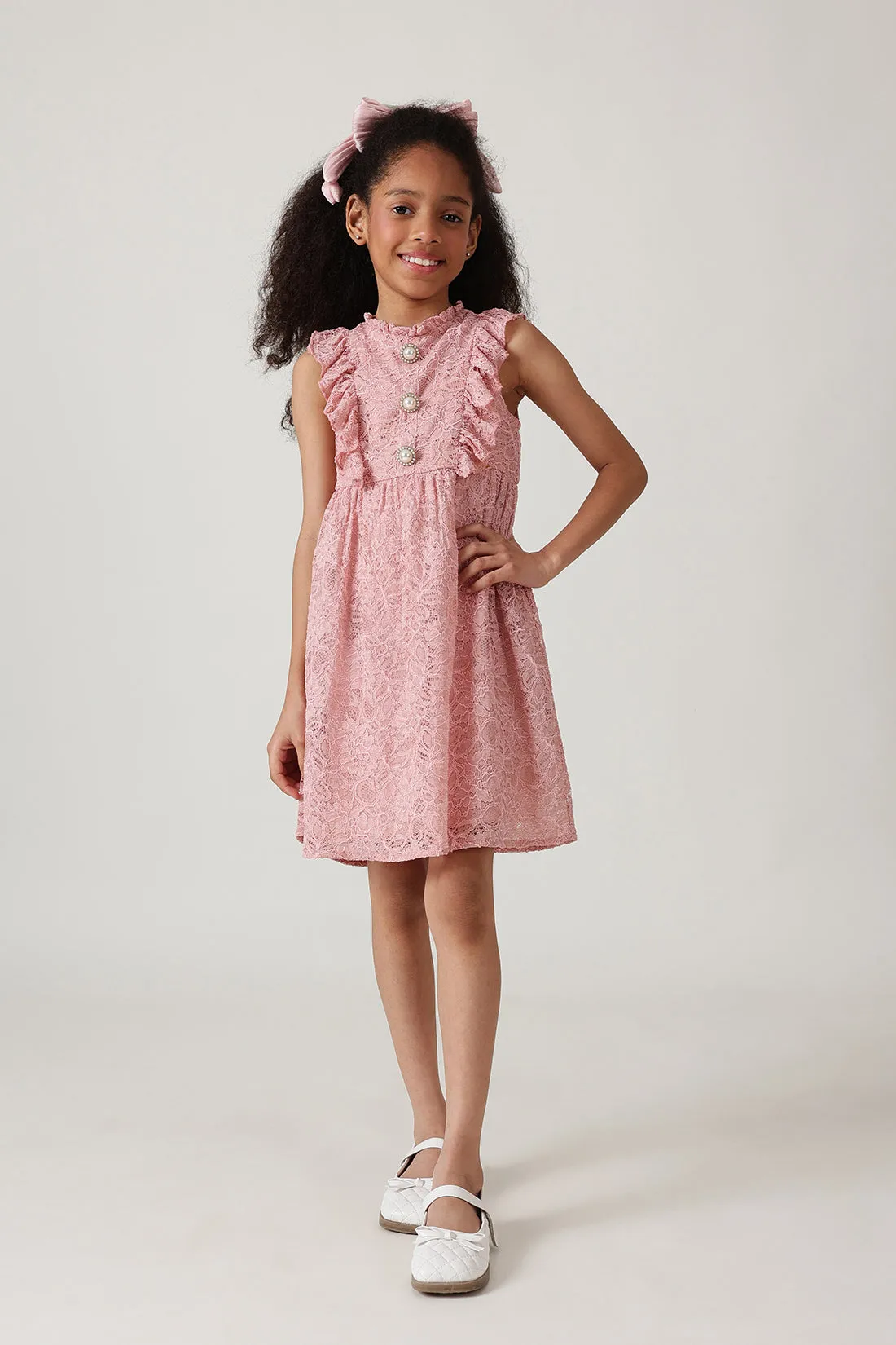 Girls Pink Fitted & Flared Sleeveless Laced Dress by One Friday