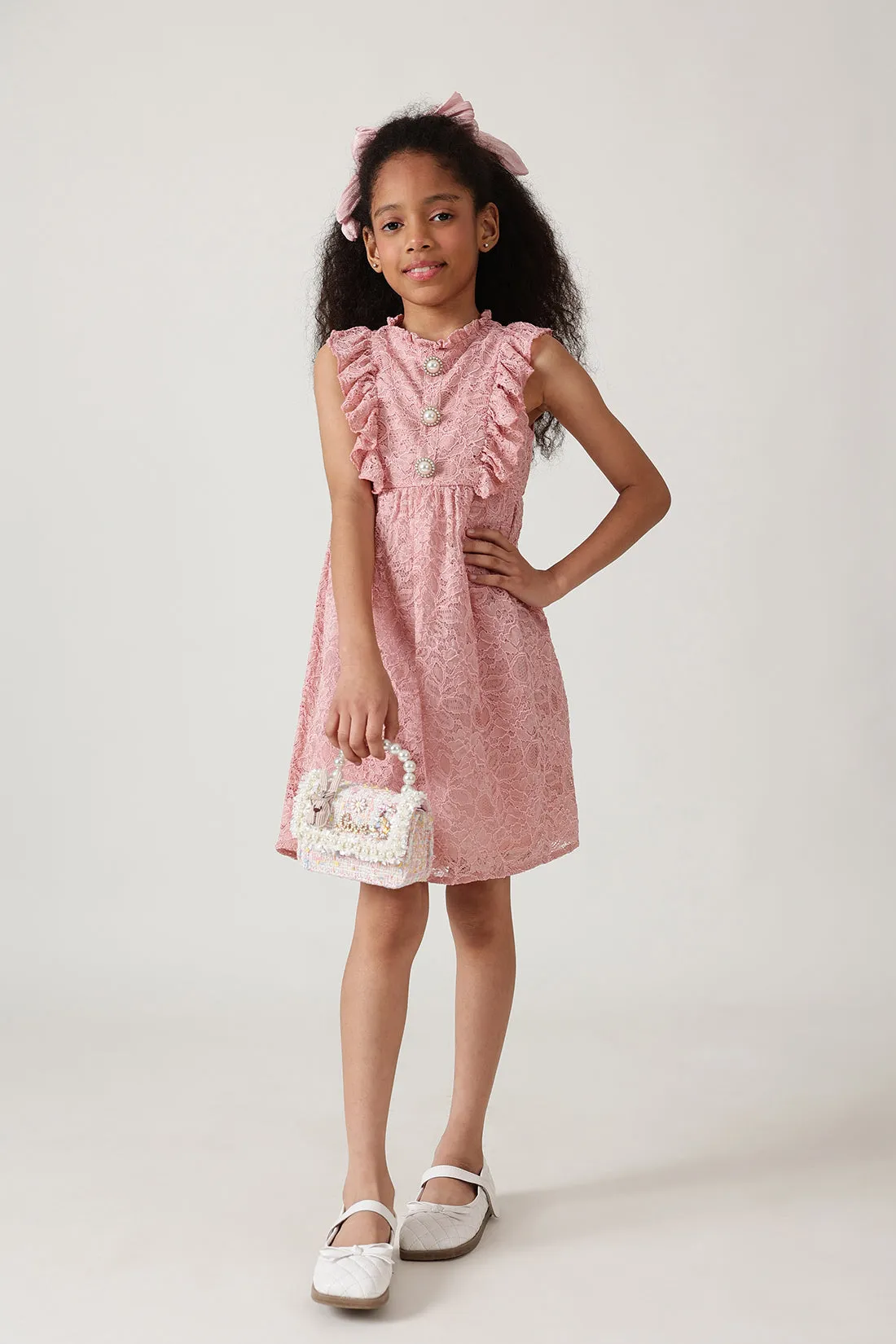 Girls Pink Fitted & Flared Sleeveless Laced Dress by One Friday