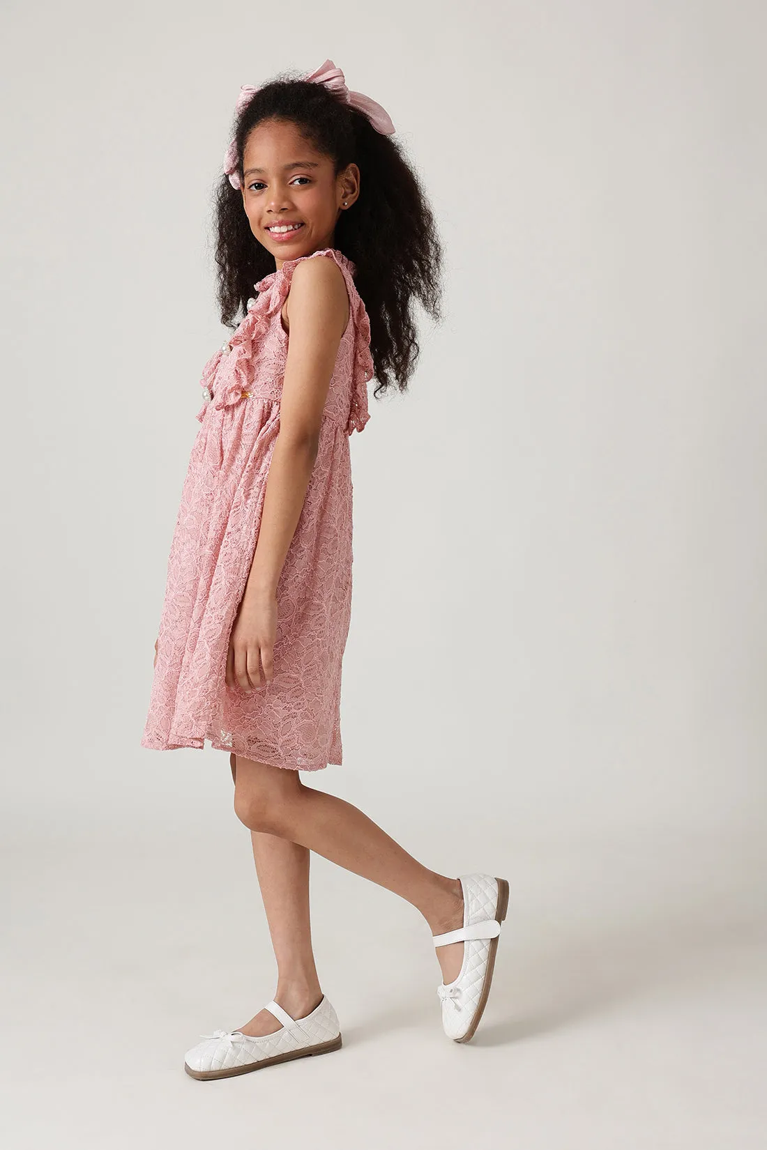 Girls Pink Fitted & Flared Sleeveless Laced Dress by One Friday