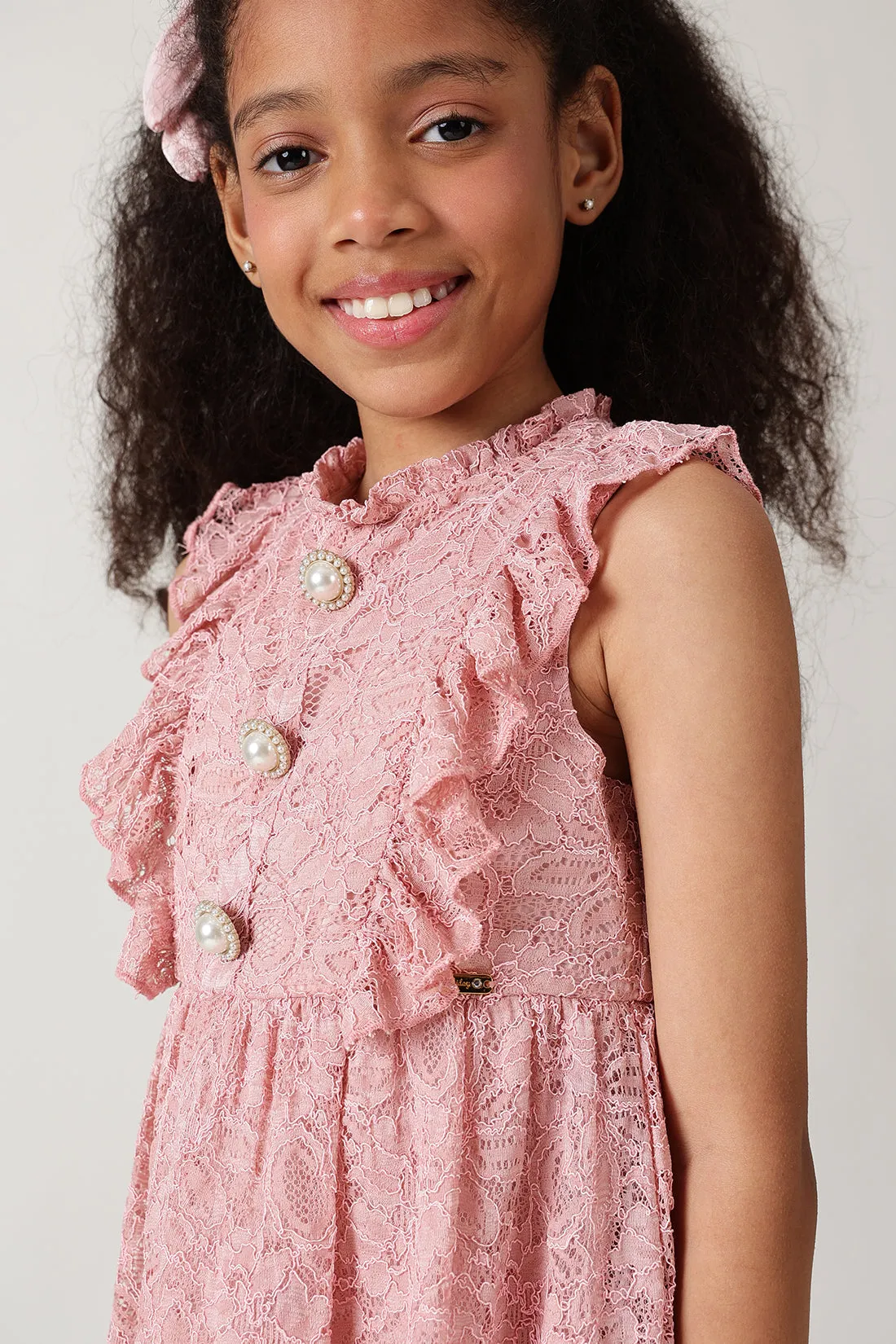 Girls Pink Fitted & Flared Sleeveless Laced Dress by One Friday