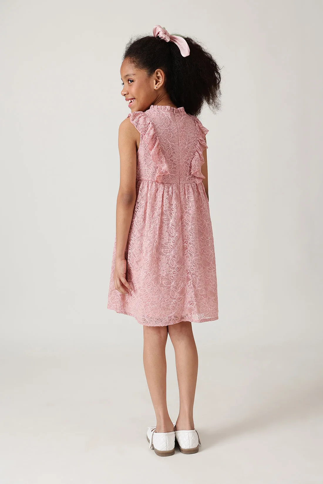 Girls Pink Fitted & Flared Sleeveless Laced Dress by One Friday