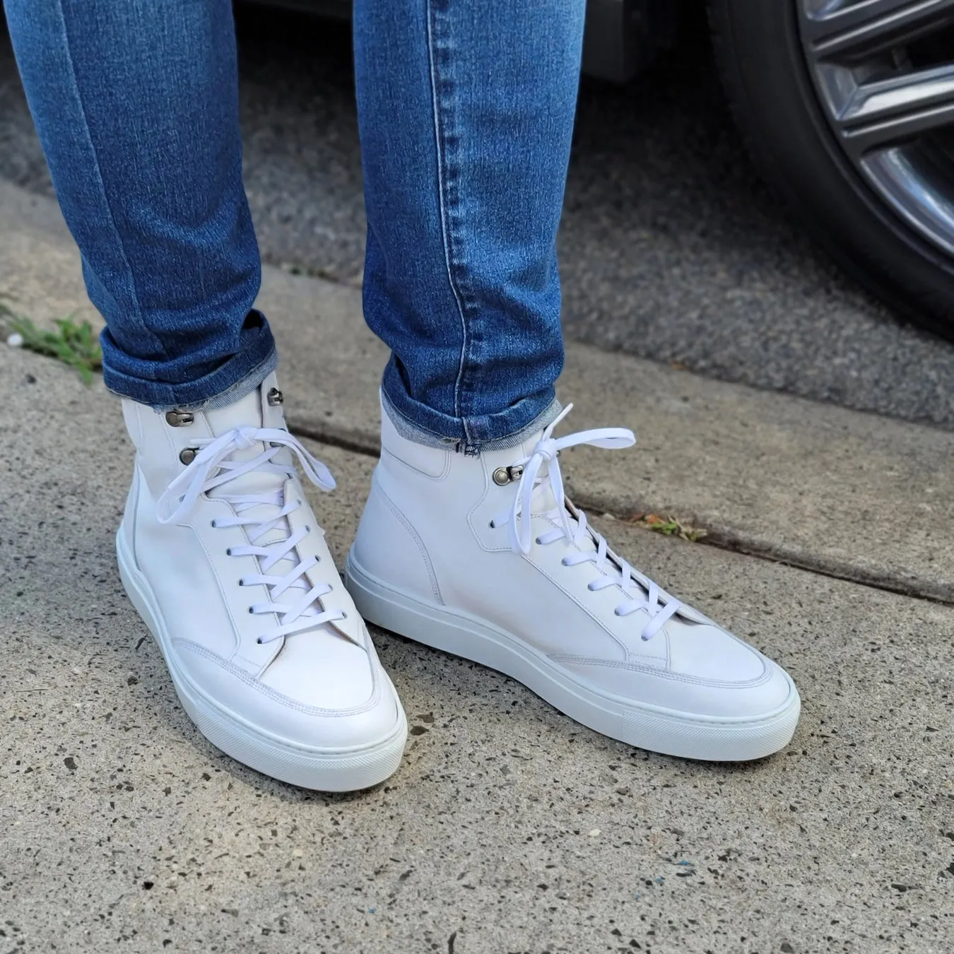 Height Increasing White Leather Foxton Lace Up High Top Sneakers - Summer 2024 Collection