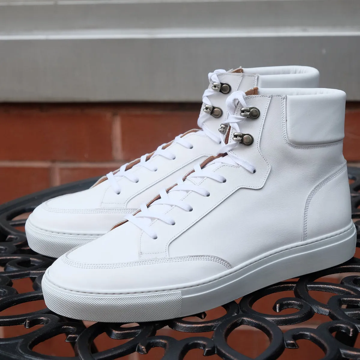 Height Increasing White Leather Foxton Lace Up High Top Sneakers - Summer 2024 Collection