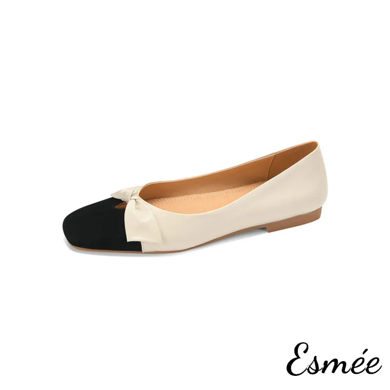 Leather Flats with Black Toe Cap and Bow Knot