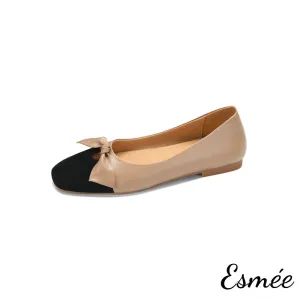 Leather Flats with Black Toe Cap and Bow Knot