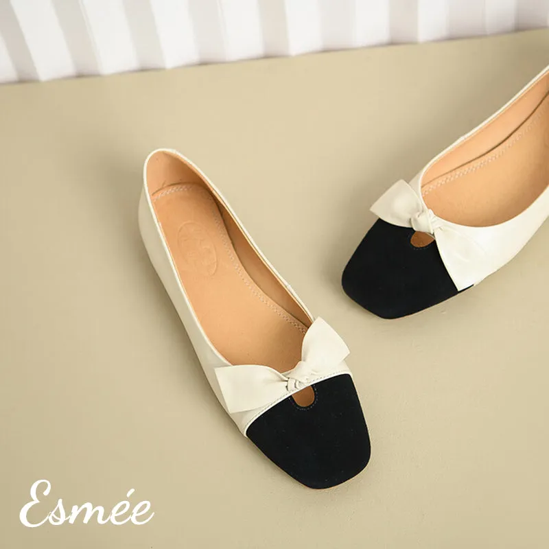 Leather Flats with Black Toe Cap and Bow Knot