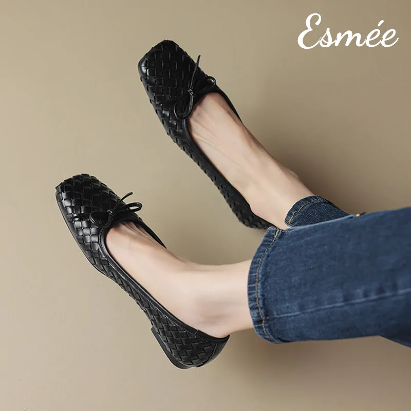 Leather Squared Toe Flats with Woven Design