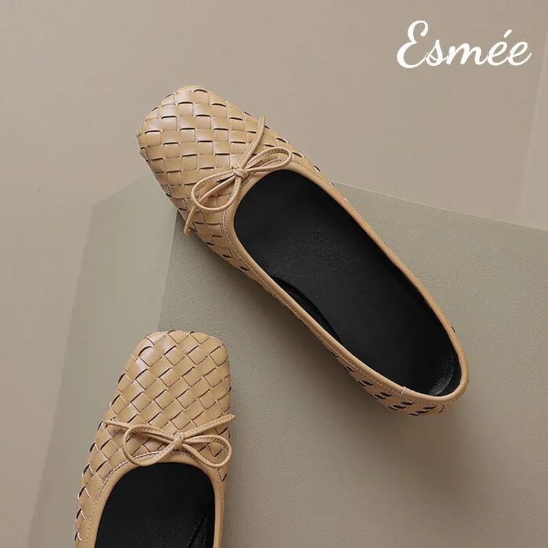 Leather Squared Toe Flats with Woven Design