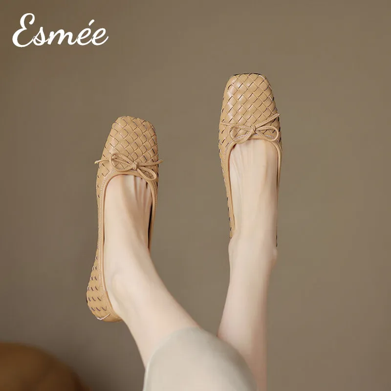 Leather Squared Toe Flats with Woven Design