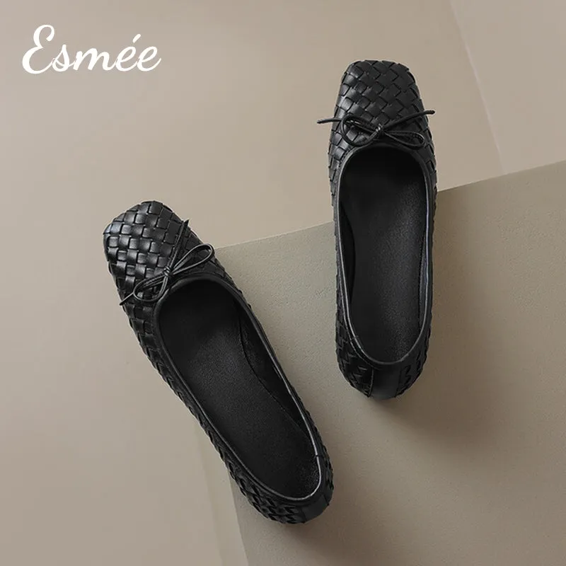 Leather Squared Toe Flats with Woven Design