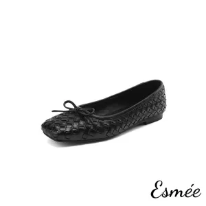 Leather Squared Toe Flats with Woven Design