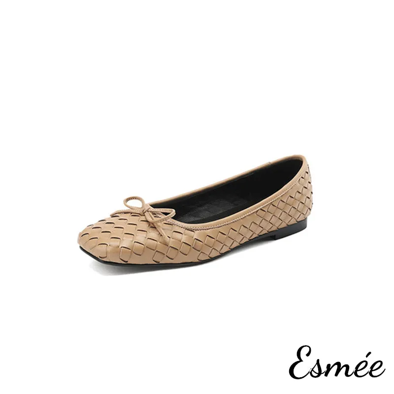 Leather Squared Toe Flats with Woven Design