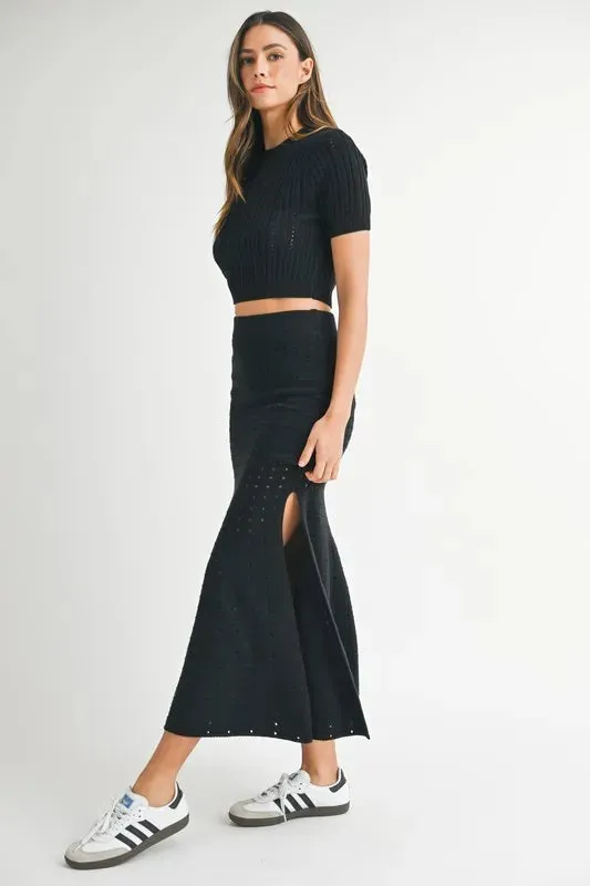 Pointelle Crop Top and Slit Skirt Sweater Set