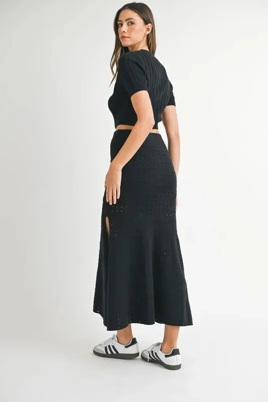 Pointelle Crop Top and Slit Skirt Sweater Set