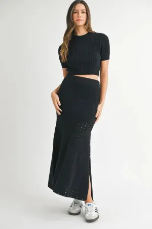 Pointelle Crop Top and Slit Skirt Sweater Set