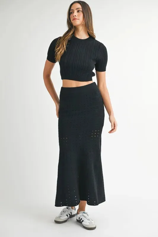 Pointelle Crop Top and Slit Skirt Sweater Set