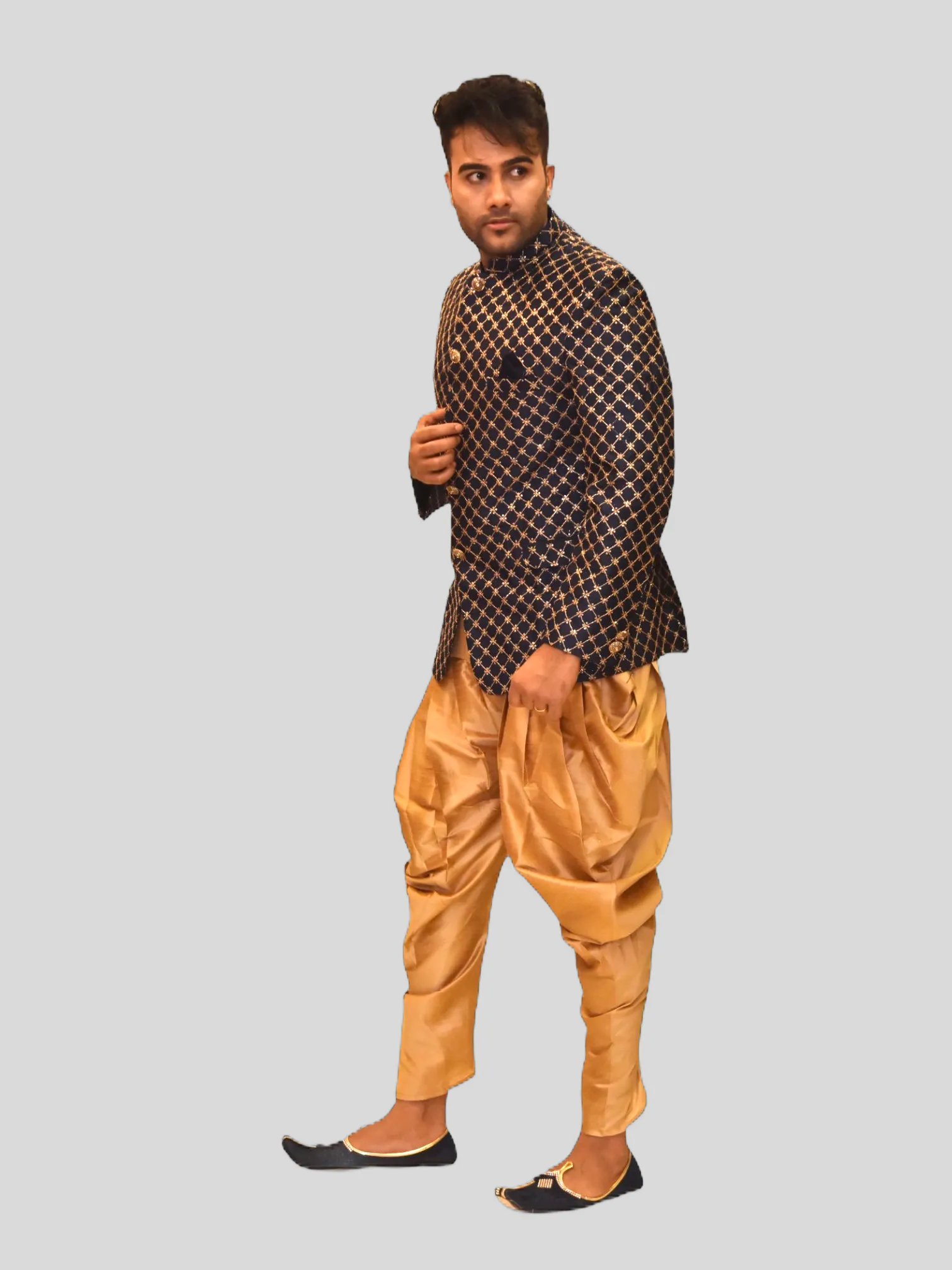 Silk Fully Embroidered Oxford Blue Short Jacket / Bandhgala