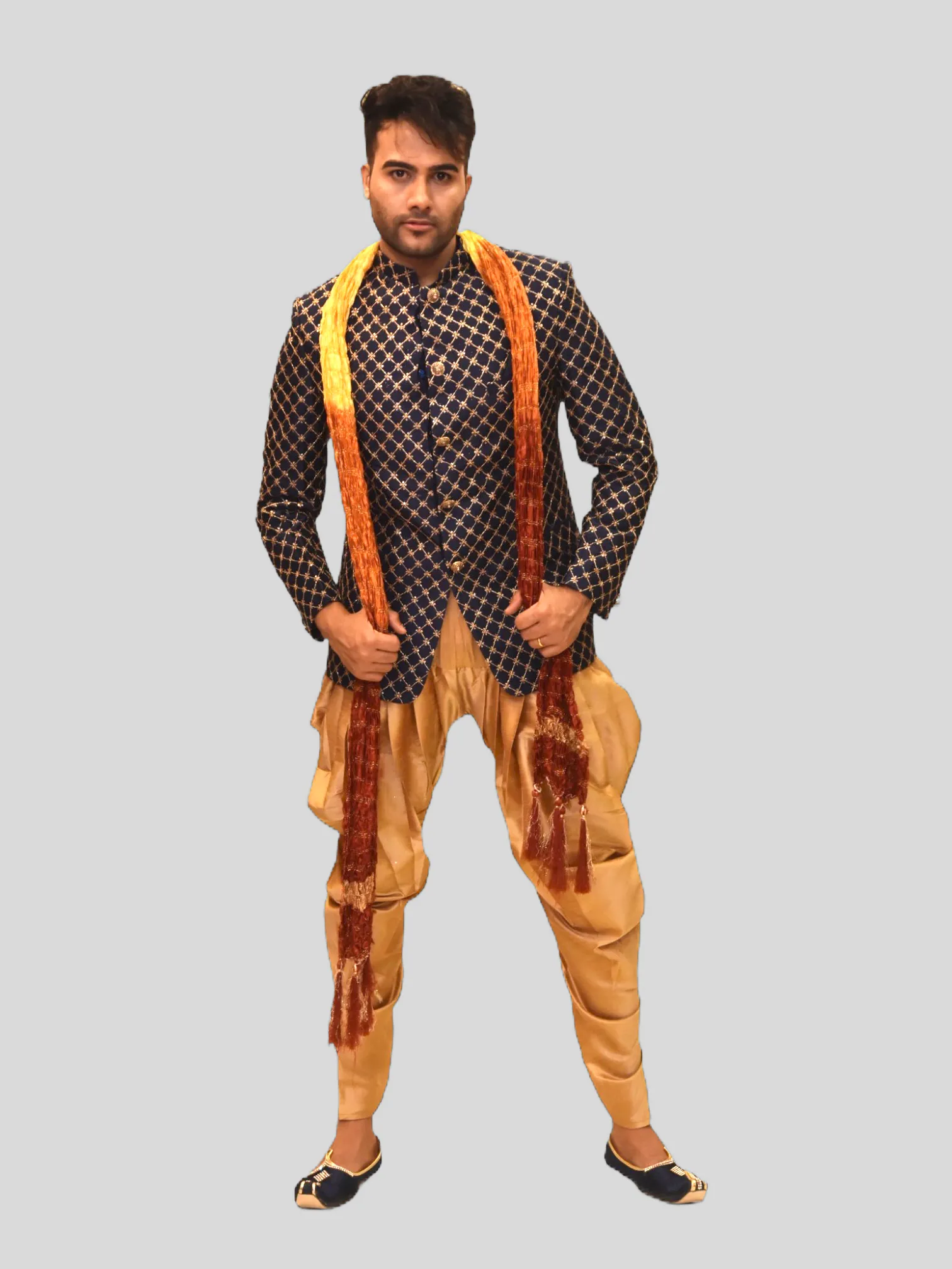 Silk Fully Embroidered Oxford Blue Short Jacket / Bandhgala