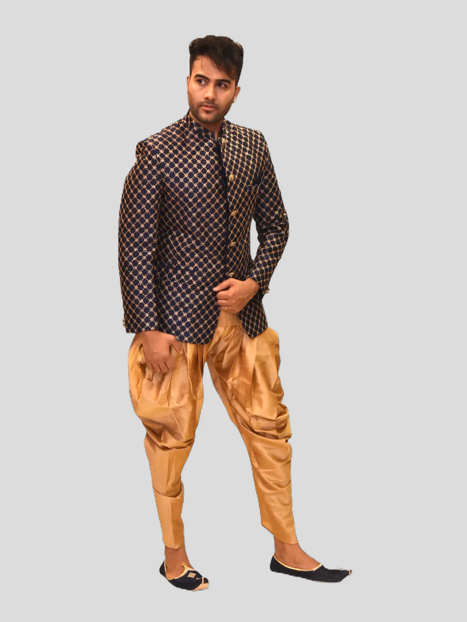Silk Fully Embroidered Oxford Blue Short Jacket / Bandhgala