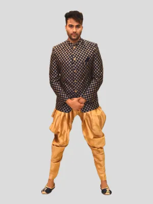 Silk Fully Embroidered Oxford Blue Short Jacket / Bandhgala
