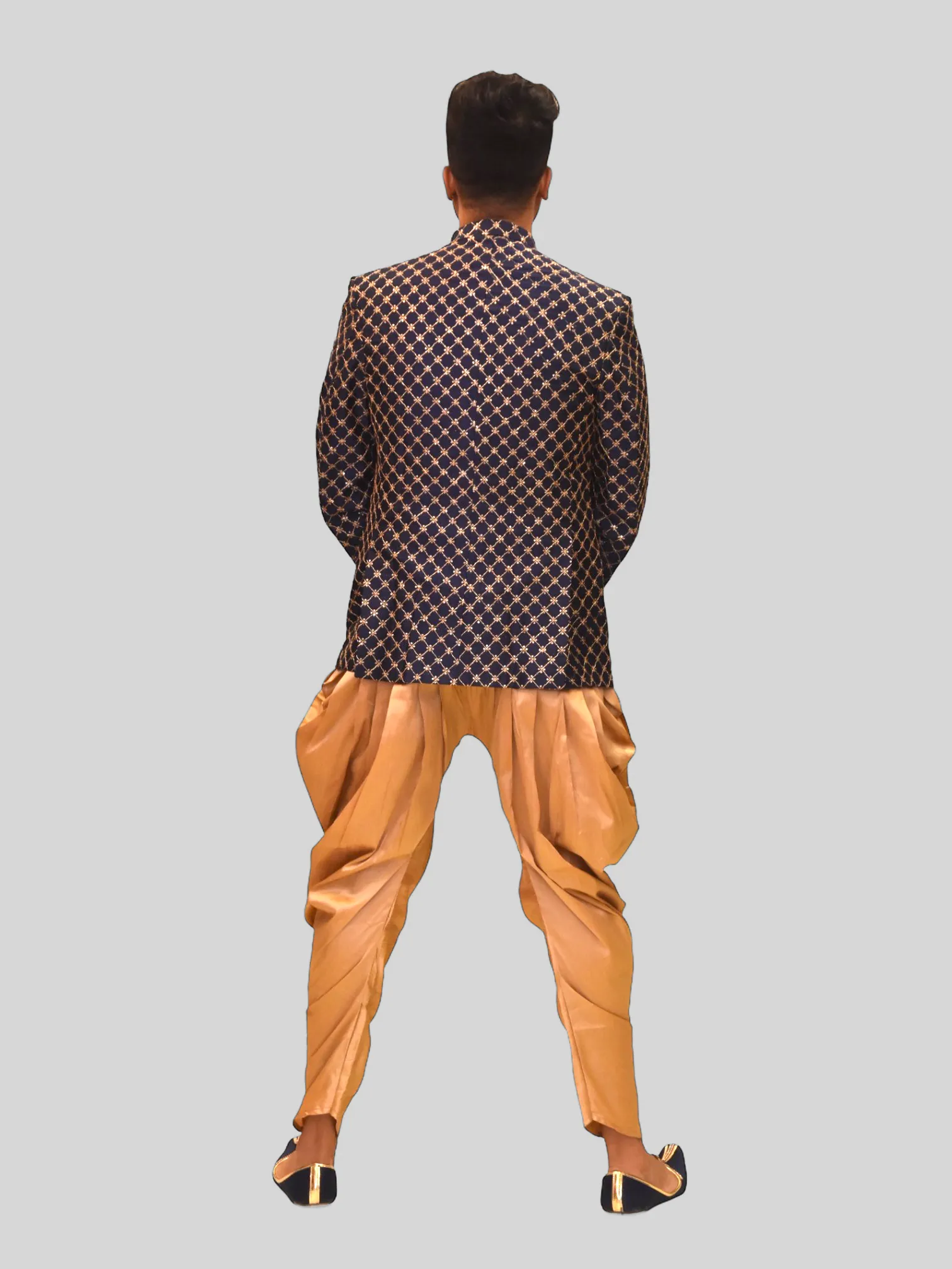 Silk Fully Embroidered Oxford Blue Short Jacket / Bandhgala