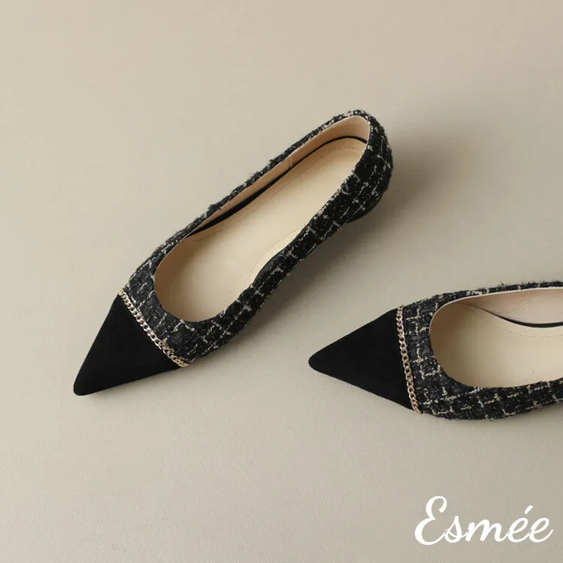 【Size 39 Special Offer】Tweed Fabrics Flats with Black Pointy Toe and Chain Design