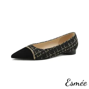 【Size 39 Special Offer】Tweed Fabrics Flats with Black Pointy Toe and Chain Design