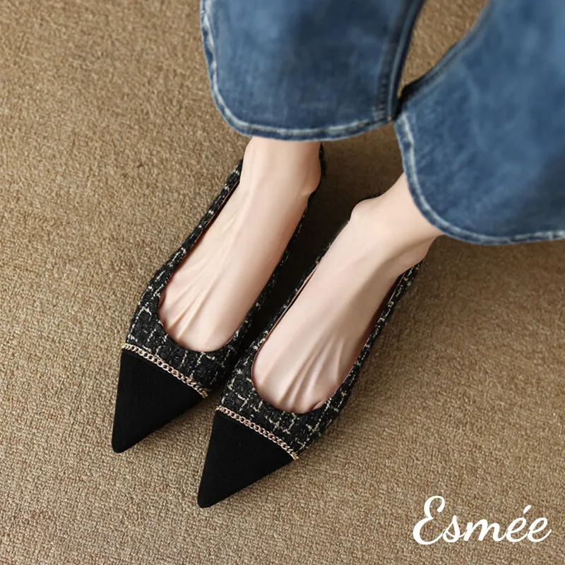 【Size 39 Special Offer】Tweed Fabrics Flats with Black Pointy Toe and Chain Design