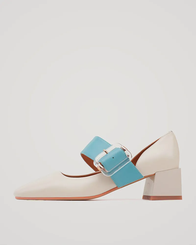 Square Toe Colorblock Buckled Block Heels