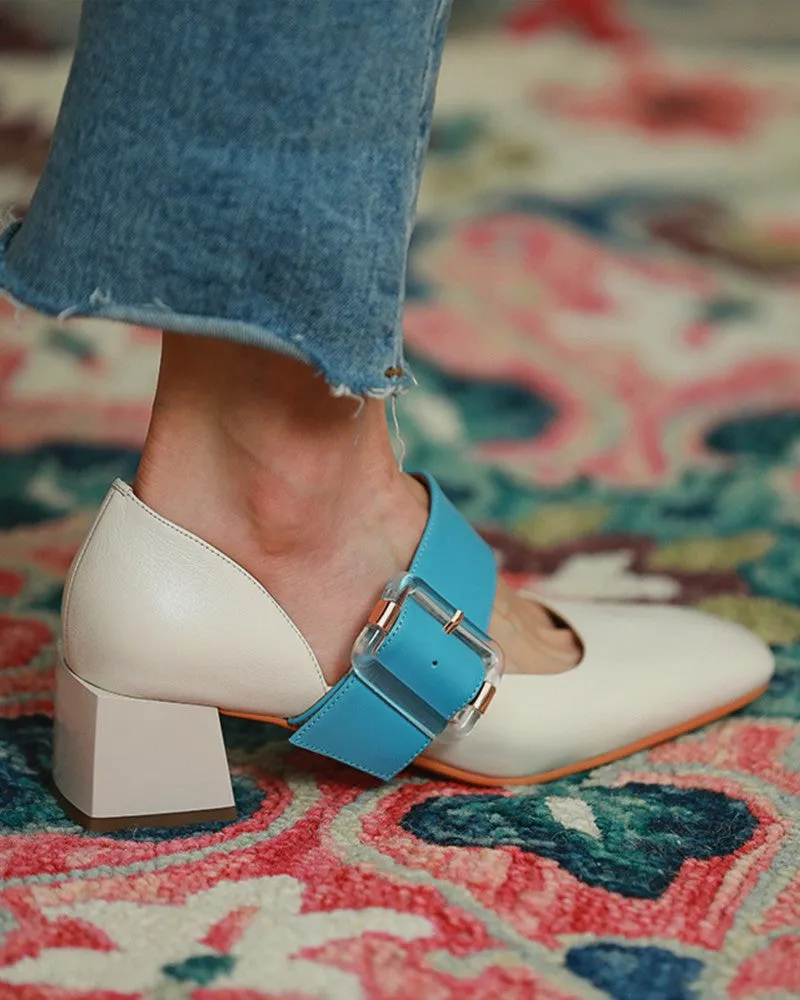 Square Toe Colorblock Buckled Block Heels