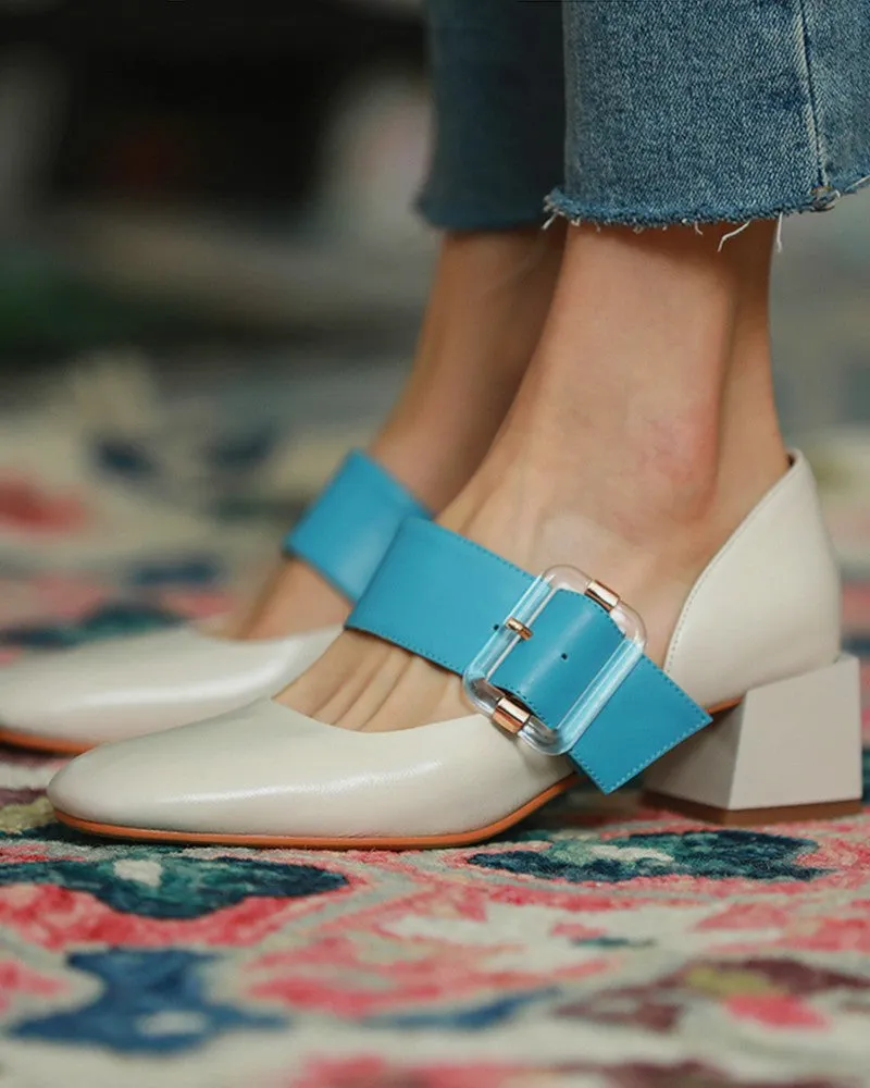 Square Toe Colorblock Buckled Block Heels