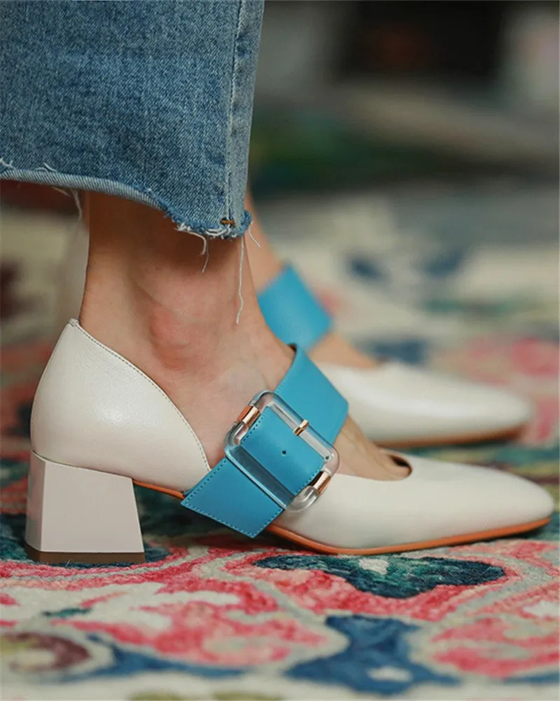 Square Toe Colorblock Buckled Block Heels