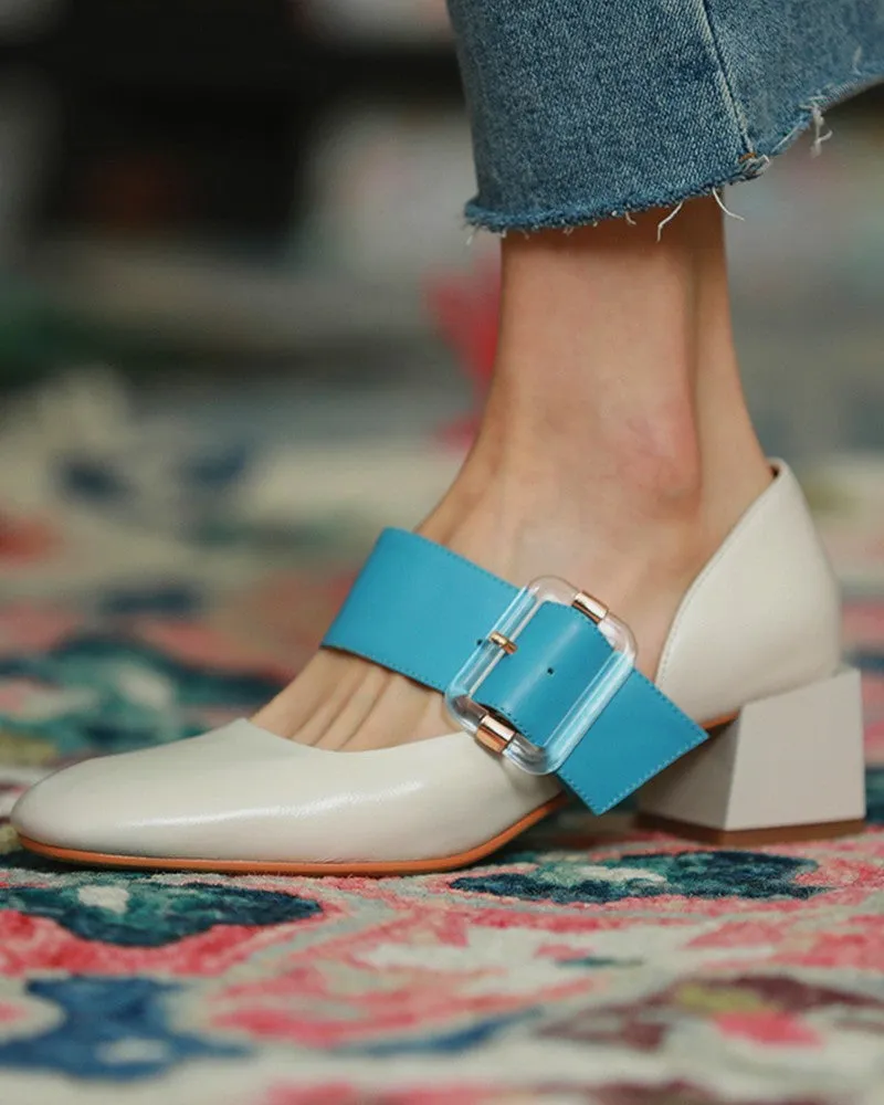 Square Toe Colorblock Buckled Block Heels