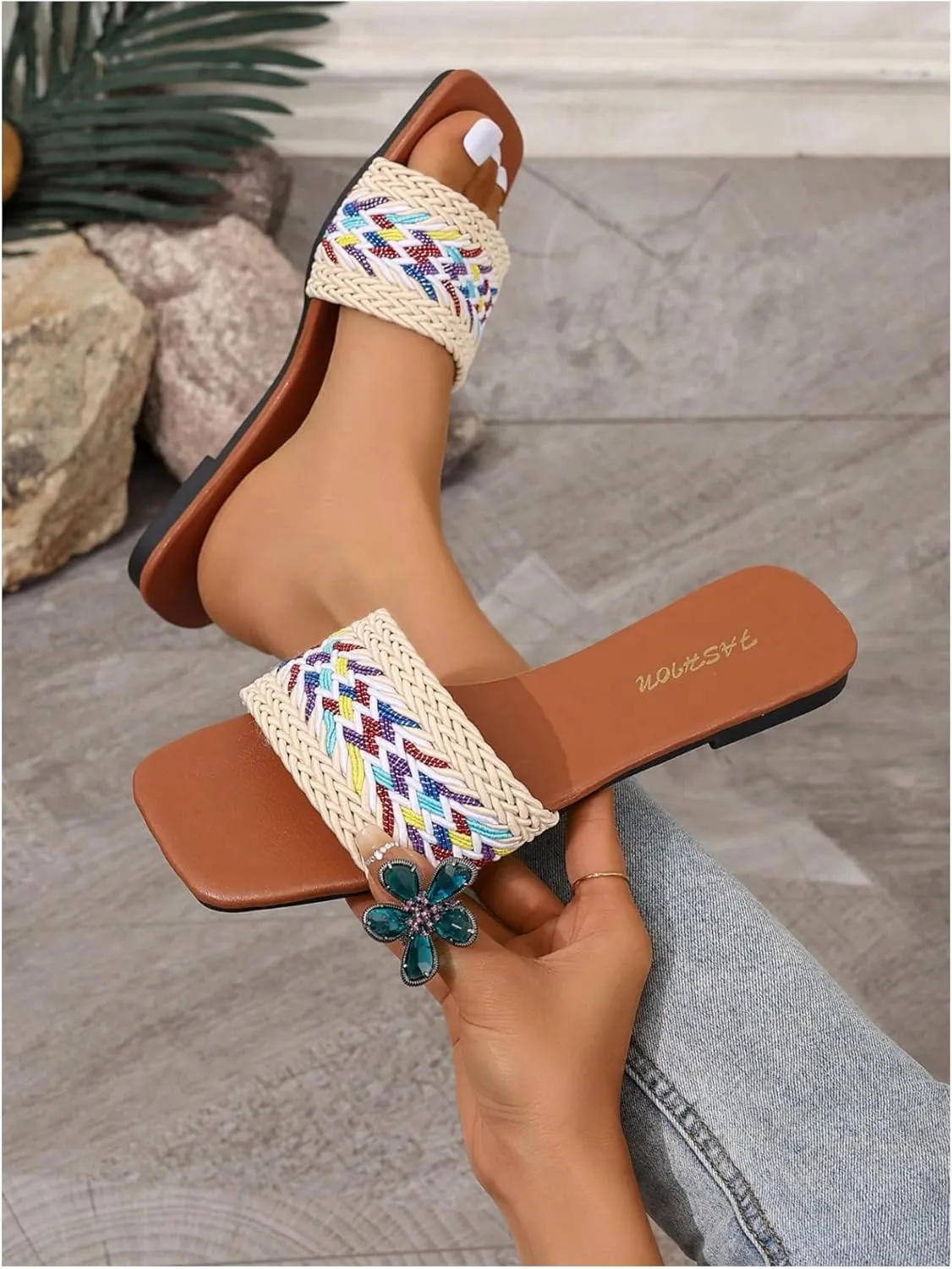 Verdusa Women's Slip On Flat Sandals Summer Outdoor Square Open Toe Slide Sandals