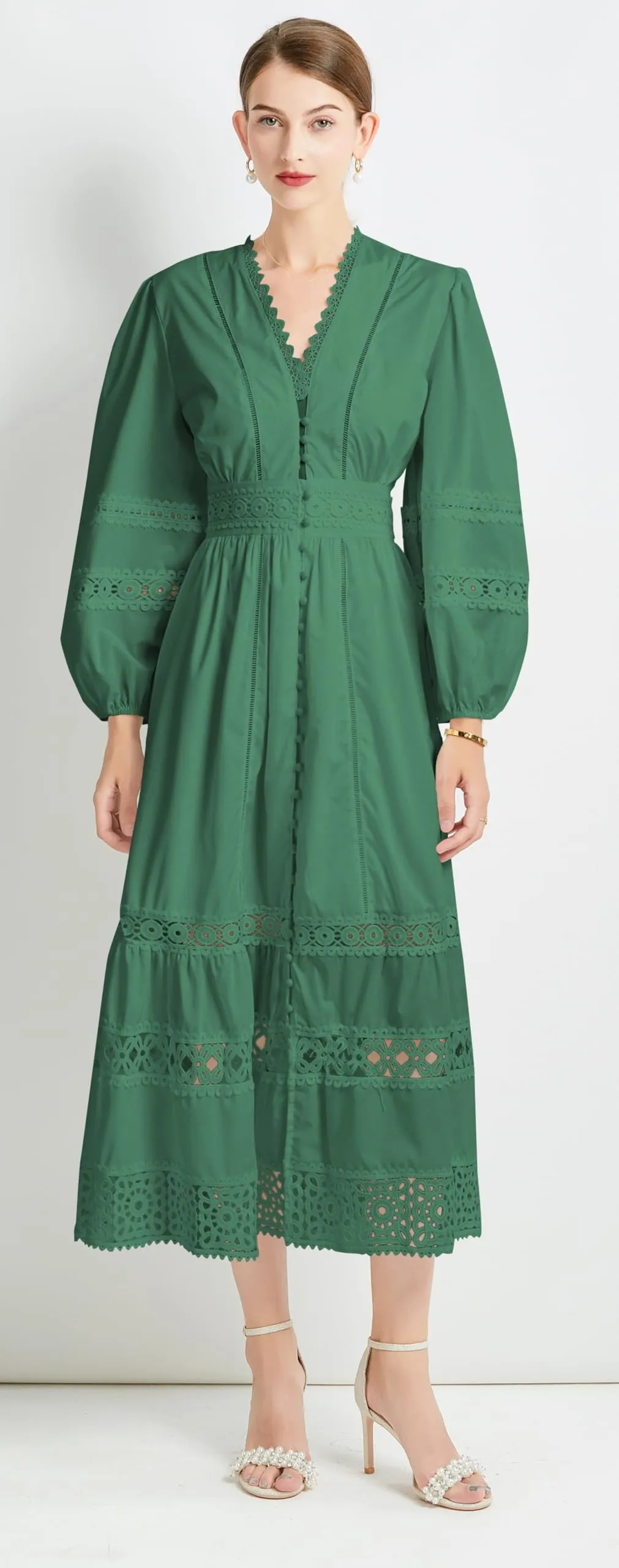 Womens Hollow Buttons Puffy Sleeves Midi Dress
