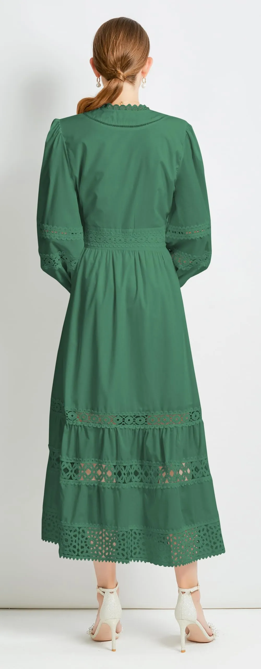 Womens Hollow Buttons Puffy Sleeves Midi Dress