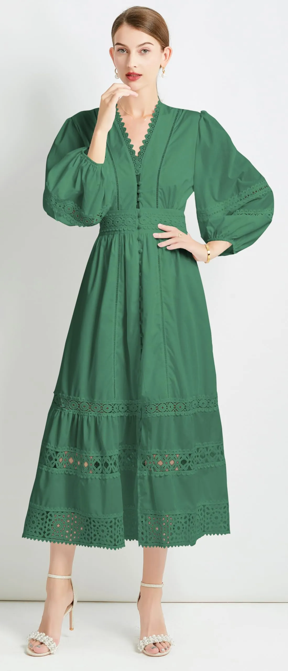 Womens Hollow Buttons Puffy Sleeves Midi Dress