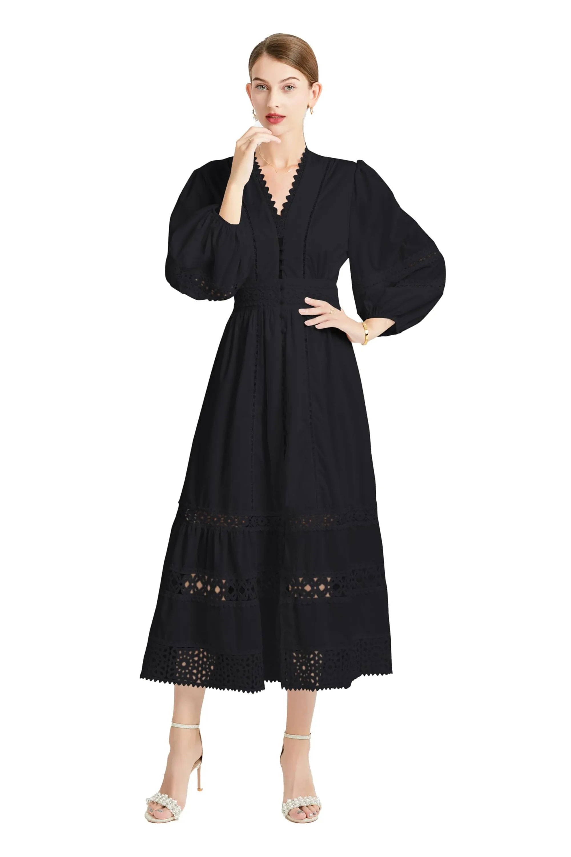 Womens Hollow Buttons Puffy Sleeves Midi Dress