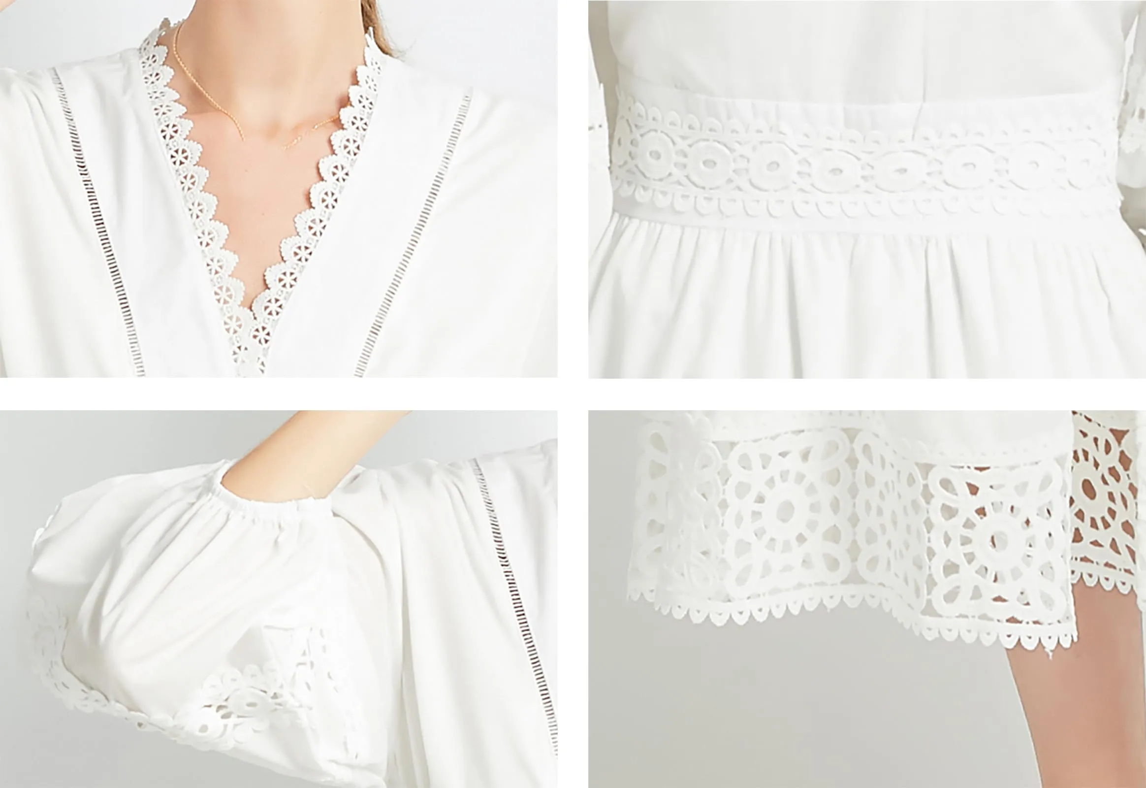 Womens Hollow Buttons Puffy Sleeves Midi Dress
