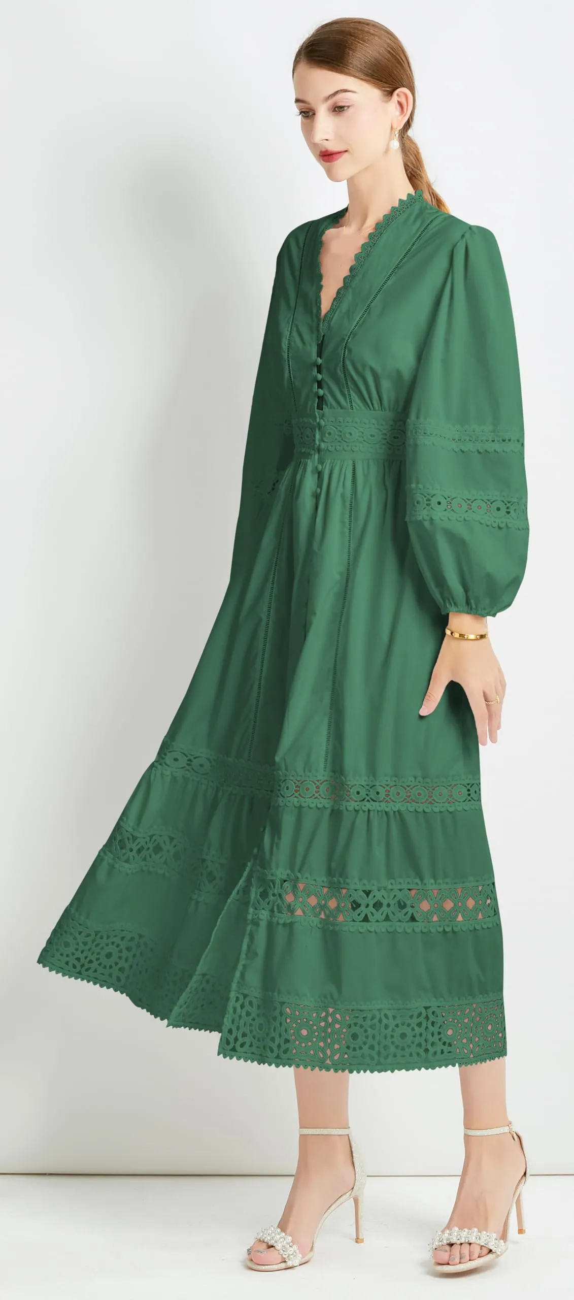 Womens Hollow Buttons Puffy Sleeves Midi Dress