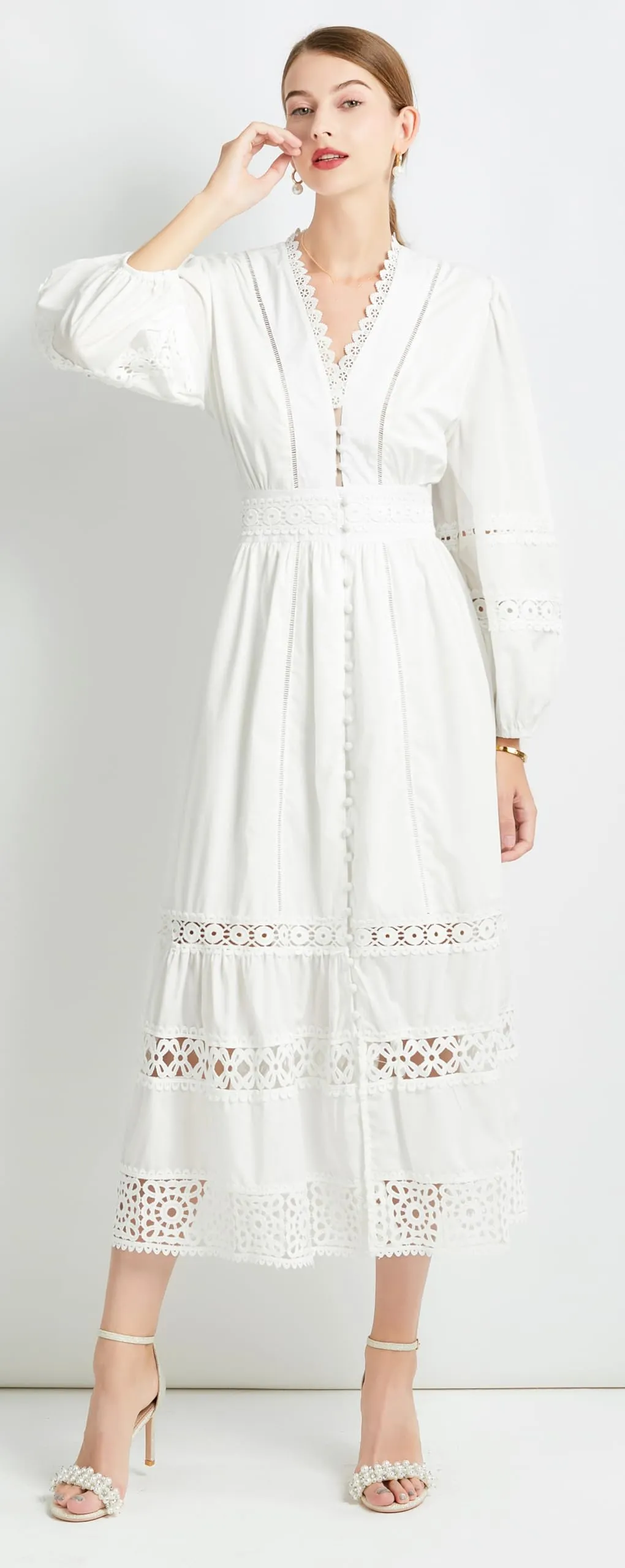 Womens Hollow Buttons Puffy Sleeves Midi Dress