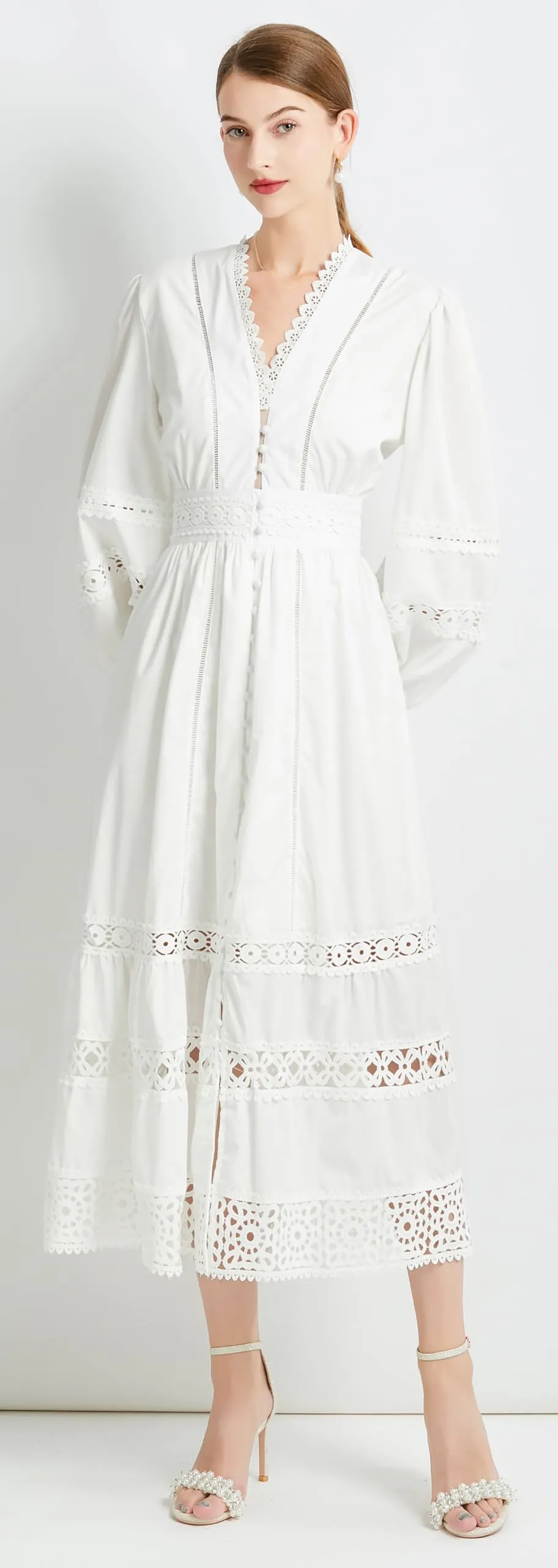 Womens Hollow Buttons Puffy Sleeves Midi Dress