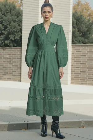 Womens Hollow Buttons Puffy Sleeves Midi Dress